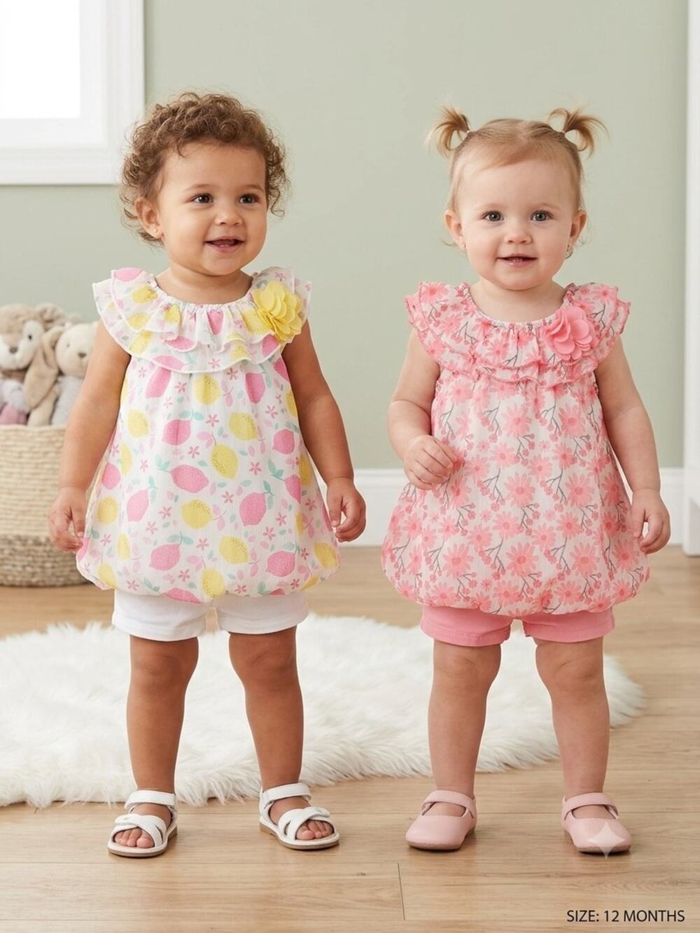 Set Of 2 Toddler Sleeveless Floral Bubble Tops Yellow & Pink. Size 12m     KS 33